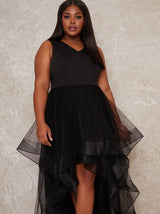 Plus Size Tulle Dip Hem V Neck Dress in Black