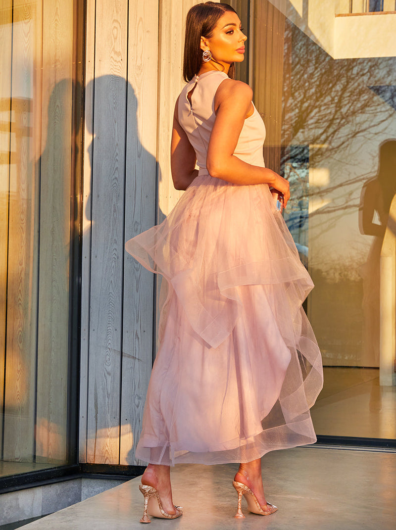 Dip Hem High Neck Dress with Tulle Skirt in Pink