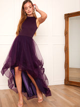 Petite Dip Hem High Neck Dress with Tulle Skirt in Purple