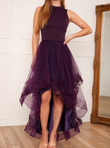 Petite Dip Hem High Neck Dress with Tulle Skirt in Purple