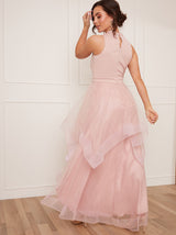 Petite Dip Hem High Neck Dress with Tulle Skirt in Pink