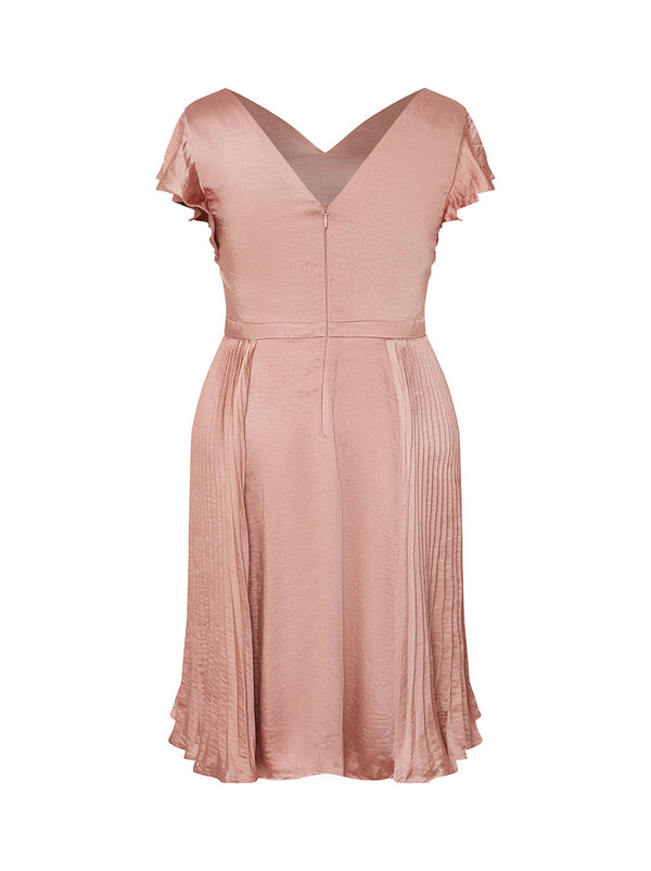 Plus Size V Neck Ruffle Detail Pleated Midi Dress in Pink