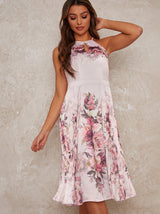 Pleated Midi Dress with Floral Print Design in Pink