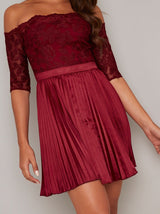 Bardot Lace Bodice Pleat Mini Dress in Red
