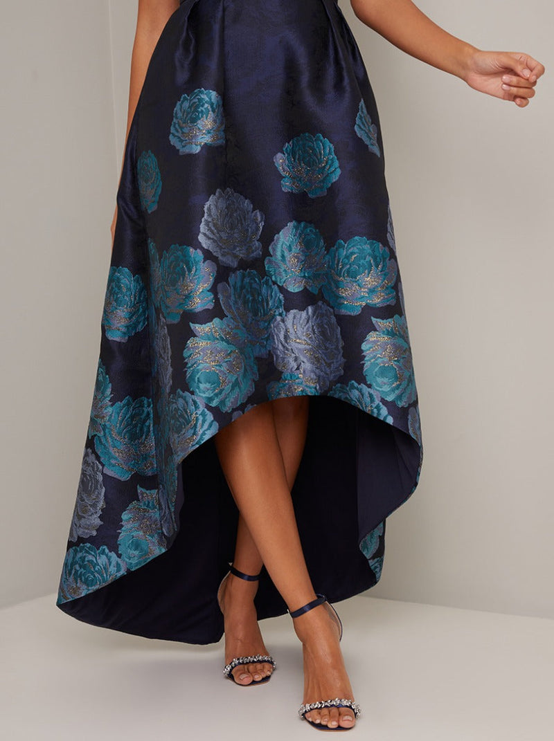 Floral Print Jacquard Dip Hem Dress in Blue