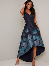 Floral Print Jacquard Dip Hem Dress in Blue