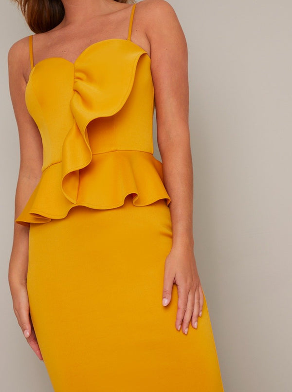 Cami Strap Frill Detail Bodycon Midi Dress in Yellow
