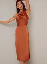 Silky Halter Neck Side Split Midi Dress in Orange