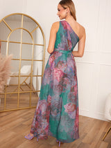 Petite One Shoulder Floral Maxi Dress in Green
