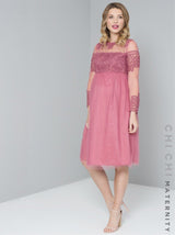 Maternity Sheer Sleeve Lace Tulle Midi Dress in Pink