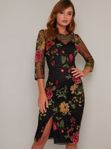 Sheer Sleeve Lace Embroidered Midi Dress in Black