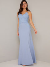 Cami Strap Lace Detail Fitted Maxi Dress in Blue