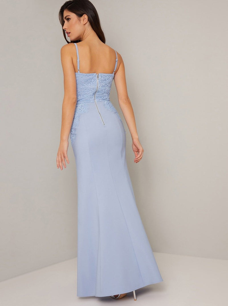 Cami Strap Lace Detail Fitted Maxi Dress in Blue