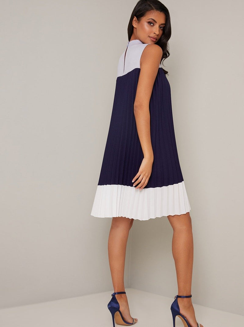 Pleated High Neck Panel Swing Dress in Blue