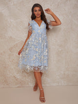 Plunge Neck Embroidered Lace Midi Dress in Blue