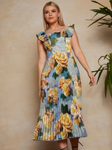 Floral Print Ruffle Pleated Midi Dress in Blue