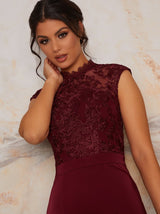 High Neck Lace Fitted Maxi Bridesmaid Dress in Red