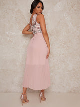 Sleeveless Floral Jacquard Dip Hem Midi Dress in Pink