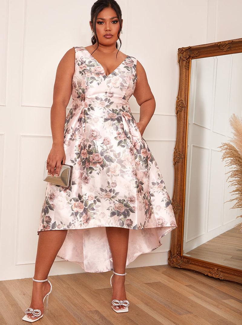 Plus Size Sleeveless Floral Print Dip Hem Dress in Pink