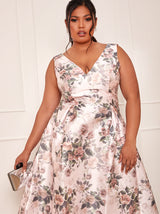 Plus Size Sleeveless Floral Print Dip Hem Dress in Pink