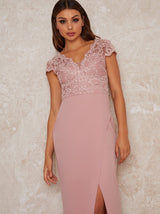 Cap Sleeve Embroidered Maxi Dress in Pink