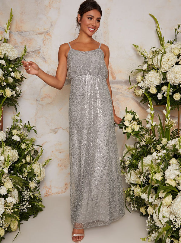 Sequin Bridesmaid Cami Style Maxi Dress In Silver