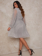 Plus Size Wrap Dip Hem Midi Dress in Silver