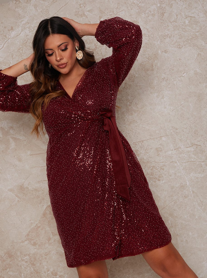 Plus Size Wrap Design Sequin Party Dress in Red