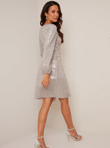 Wrap Design Sequin Party Dress in Silver