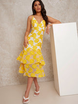 Peplum Jacquard Bodycon Dress in Yellow