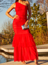 One Shoulder Ruched Maxi Dress in Red