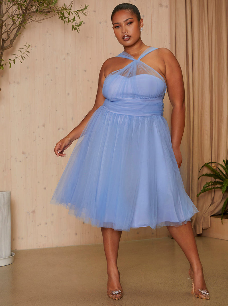 Plus Size Halter Neck Mesh Midi Dress in Blue