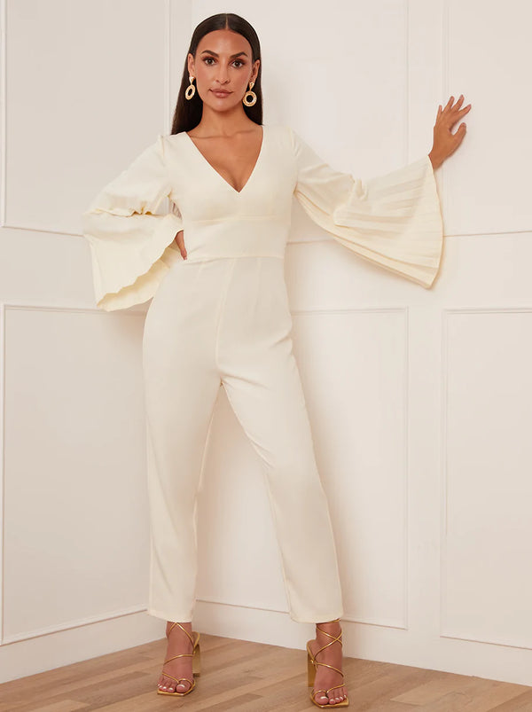 Petite Long Bell Sleeve Pleated Jumpsuit in Cream