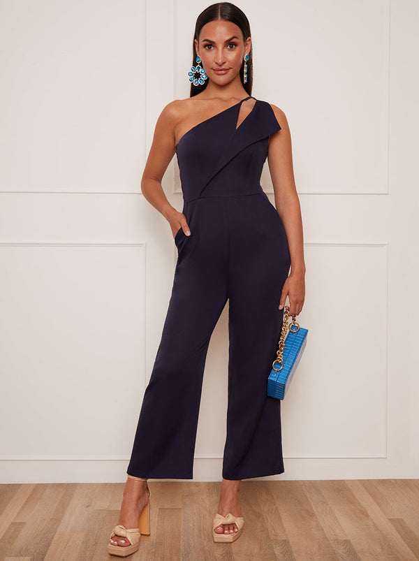 Petite Cut Out One Shoulder Jumpsuit in Navy