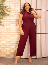 Plus Size One Shoulder Ruffle Detail Jumpsuit in Red