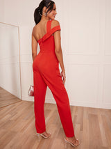 One-Shoulder Straight Leg Jumpsuit in Red