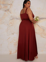 Plus Size Satin Wrap Maxi Dress in Red