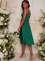 Satin Cami Strap Wrap Midi Bridesmaid Dress in Green