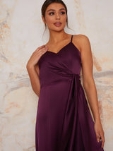 Satin Finish Drape Maxi Dress in Purple