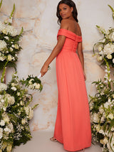 Bardot Ruched Bridesmaid Dress in Orange