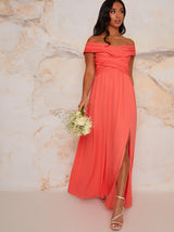 Petite Bardot Ruched Bridesmaid Dress in Orange