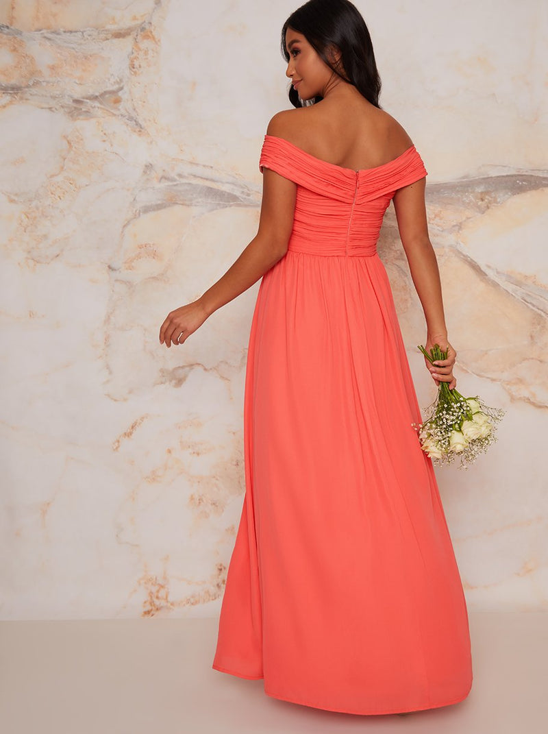 Petite Bardot Ruched Bridesmaid Dress in Orange