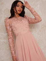 Sheer Long Sleeve Embroidered Skater Dress in Pink