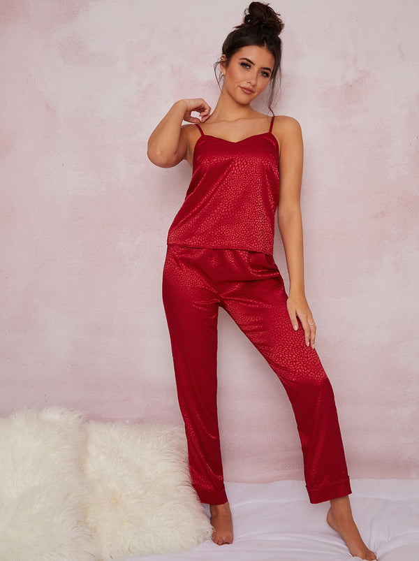 Satin Finish Cami Strap Embossed Pyjama Set In Red