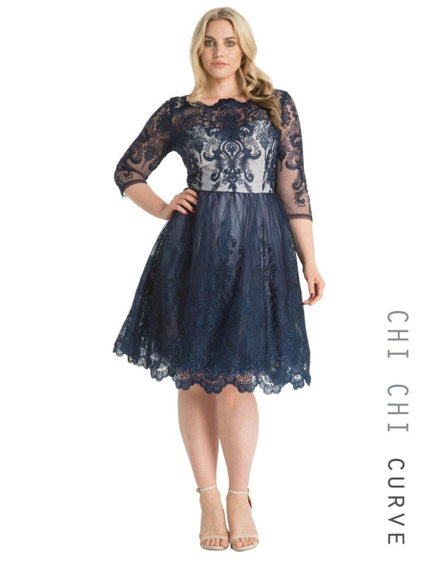Plus Size Lace Detail Midi Dress Is Blue