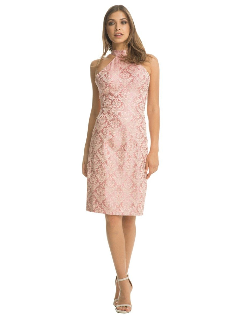 Jacquard Design Halterneck Midi Dress In Pink