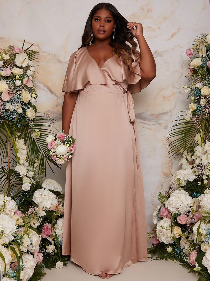 Plus Size Angel Sleeve Wrap Design Bridesmaid Maxi Dress in Champagne