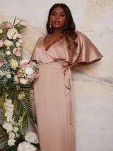 Plus Size Angel Sleeve Wrap Design Bridesmaid Maxi Dress in Champagne