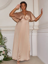 Angel Sleeve Wrap Design Bridesmaid Maxi Dress in Champagne