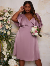 Plus Size Angel Sleeve Wrap Design Bridesmaid Midi Dress in Lilac